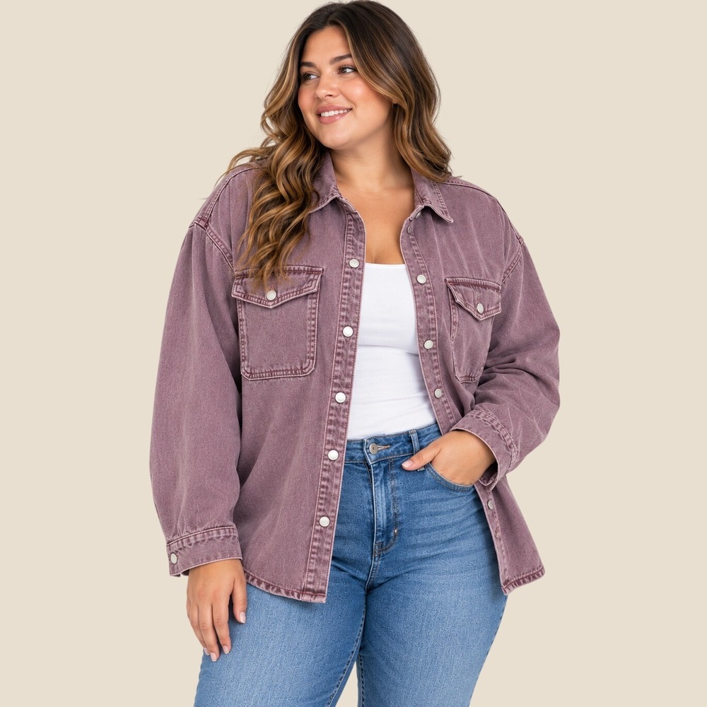 Zara Mauve Purple Washed Denim Shirt Jacket Oversized Shacket Women's XXL